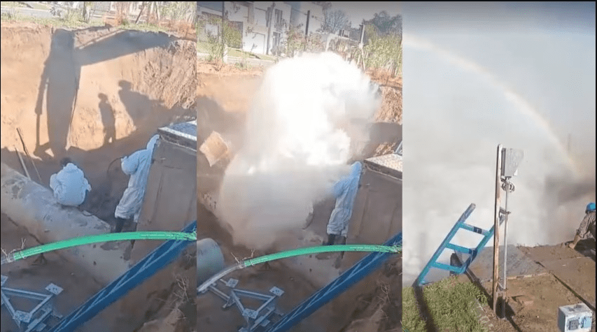 video-impactante:-exploto-un-cano-de-agua-cuando-dos-operarios-lo-estaban-reparando-en-parana